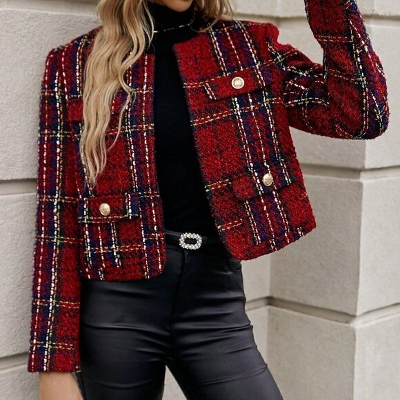 Red Preppy Womens Plaid Pattern Open Front Tweed Overcoat - Picture 4 of 5